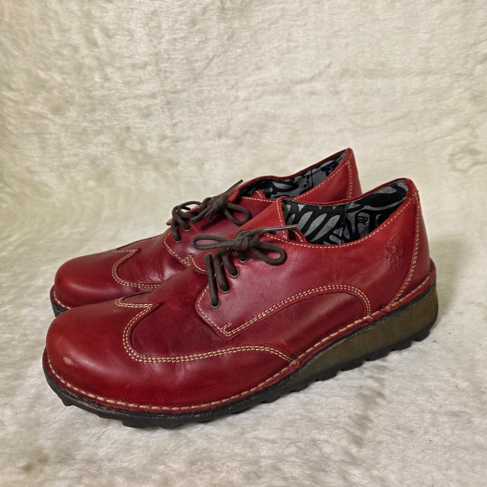 Fly London Oxfords Red Leather Wingtip Wedge Platform Shoes EU 41 10